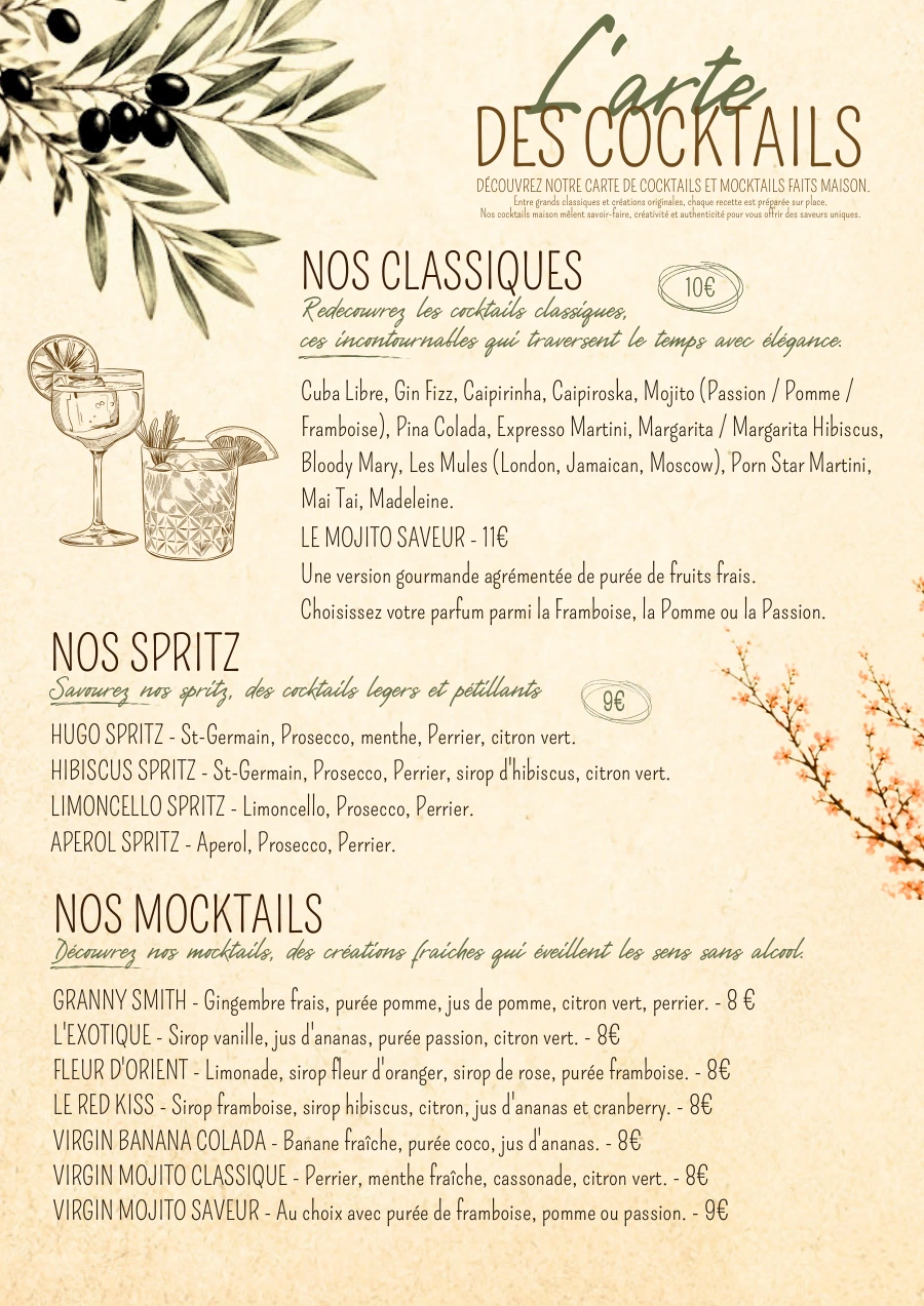 Carte du restaurant O Mamma Mia à Lourmarin, page 6 sur 7 — Cocktails — classiques, spritz et mocktails