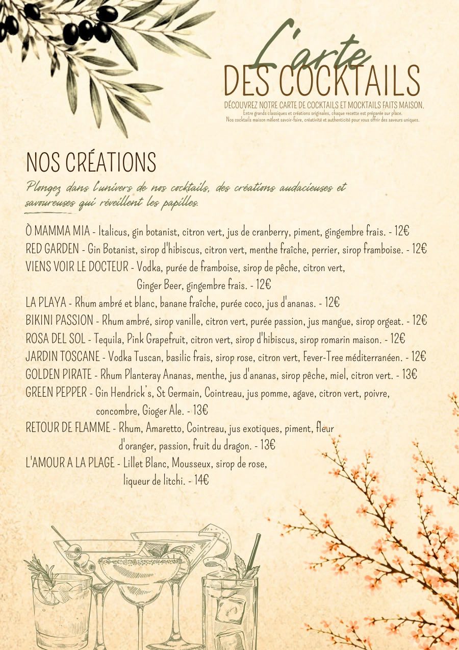Carte du restaurant O Mamma Mia à Lourmarin, page 7 sur 7 — Cocktails — nos créations