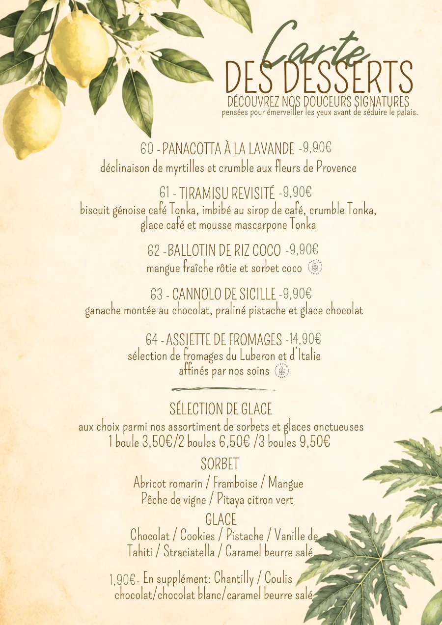 Carte du restaurant O Mamma Mia à Lourmarin, page 8 sur 8 — Carte des desserts