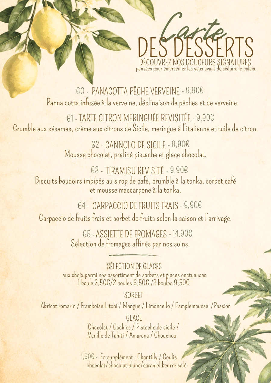 Carte du restaurant O Mamma Mia à Lourmarin, page 3 sur 7 — Carte des desserts