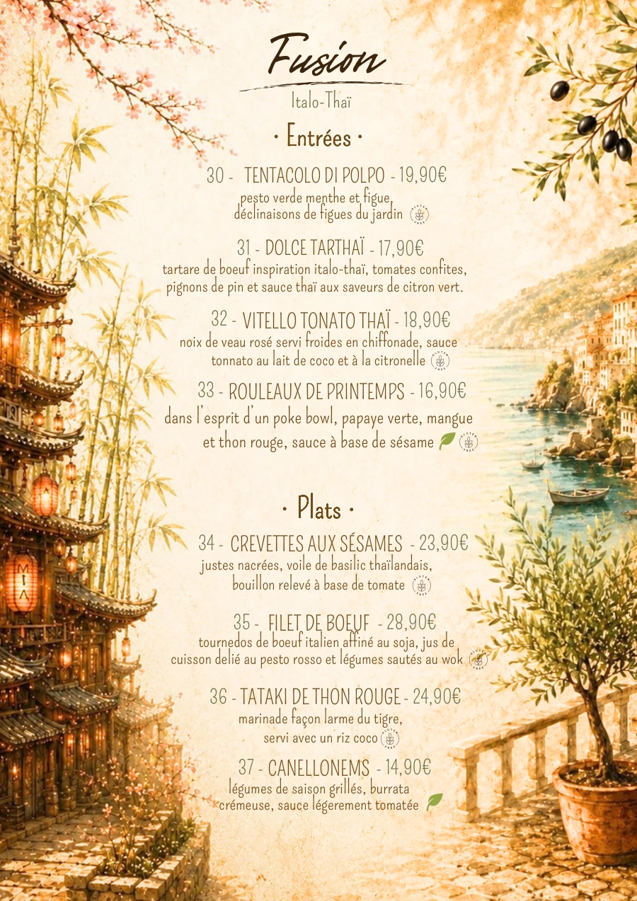 Carte du restaurant O Mamma Mia à Lourmarin, page 2 sur 7 — Fusion italo-thaï — entrées et plats