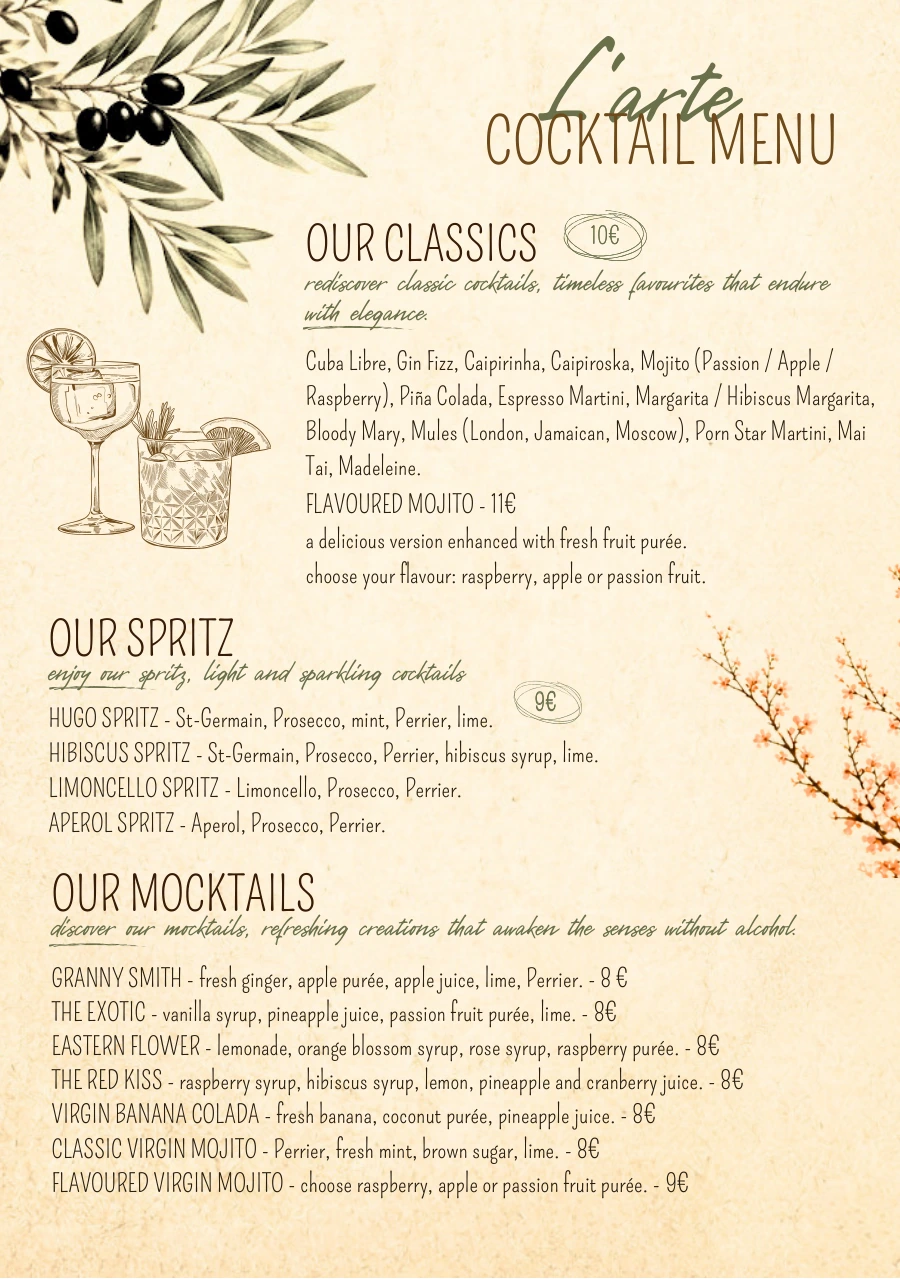 O Mamma Mia restaurant menu in Lourmarin, page 6 of 7 — Cocktails — classics, spritz and mocktails