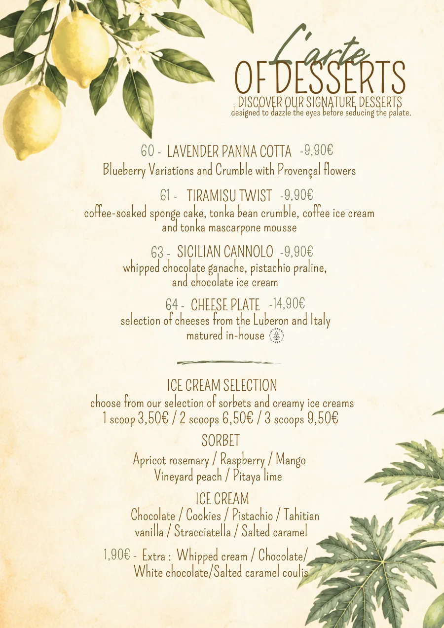 O Mamma Mia restaurant menu in Lourmarin, page 8 of 8 — Dessert menu