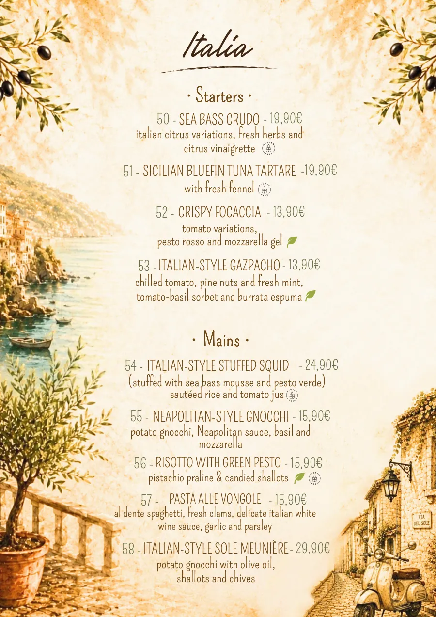 O Mamma Mia restaurant menu in Lourmarin, page 5 of 8 — Italia — starters and mains