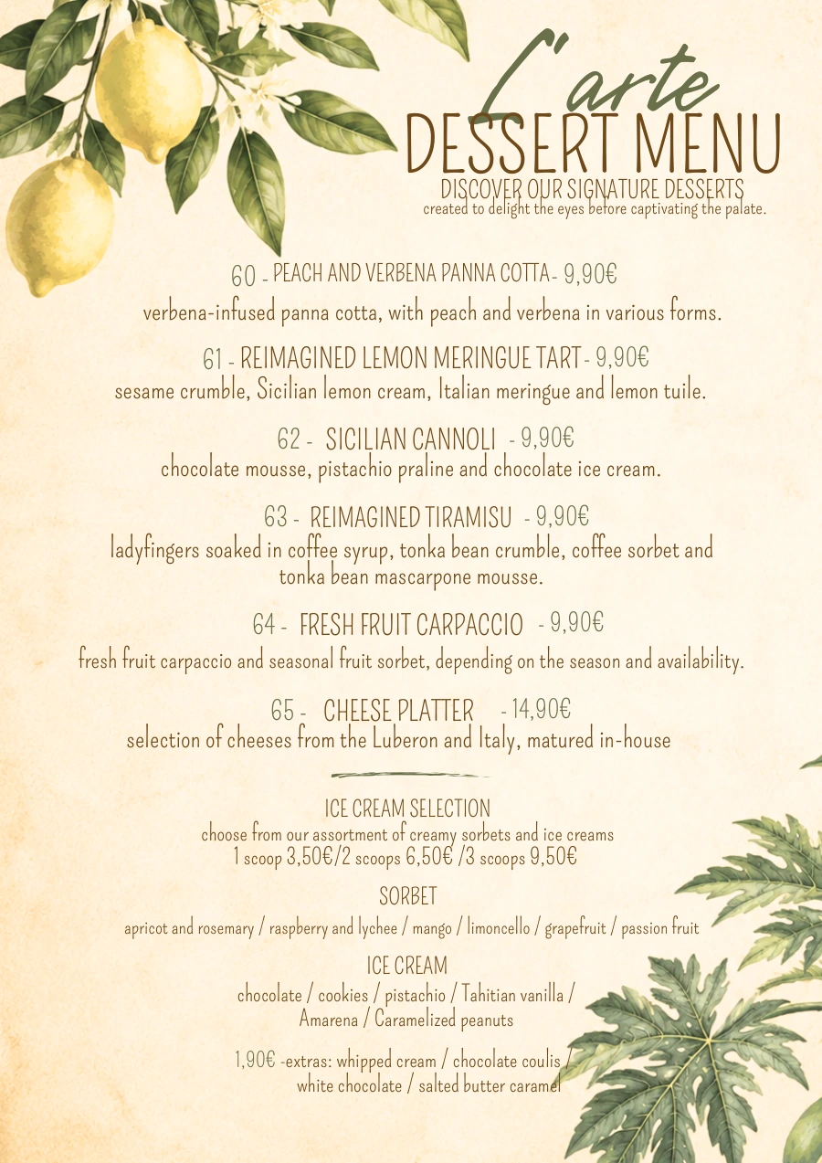 O Mamma Mia restaurant menu in Lourmarin, page 3 of 7 — Dessert menu