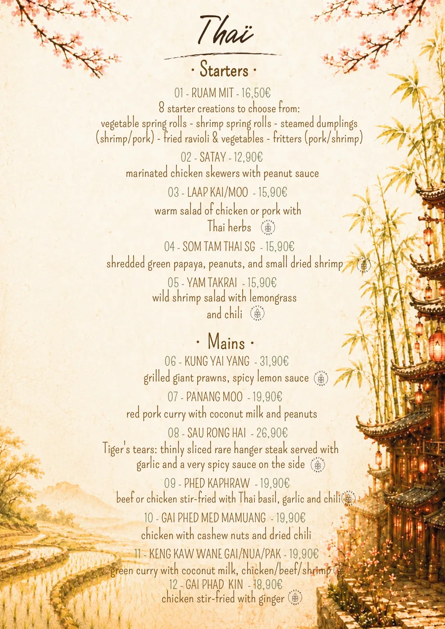 O Mamma Mia restaurant menu in Lourmarin, page 2 of 8 — Thai — starters and mains
