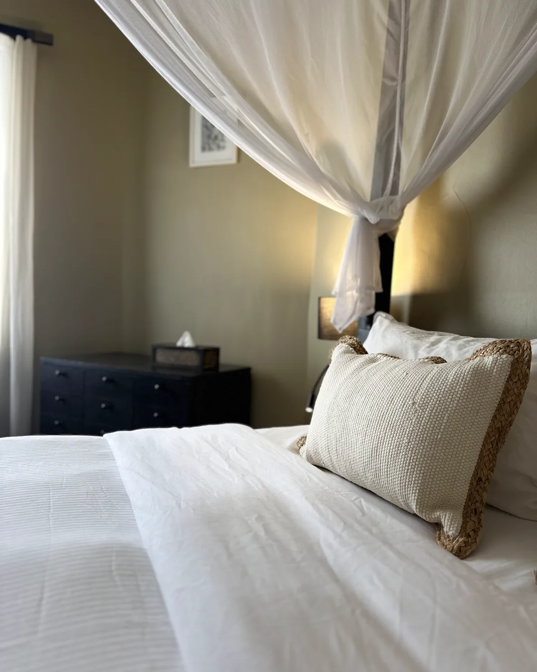 Coussin brodé motif palmiers et voilage du baldaquin, chambre Bali, hôtel O Mamma Mia, Lourmarin