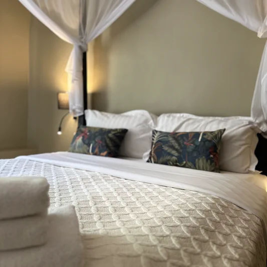 Chambres Hanoï et Venezia, lit à baldaquin et coussins tropicaux, hôtel O Mamma Mia à Lourmarin