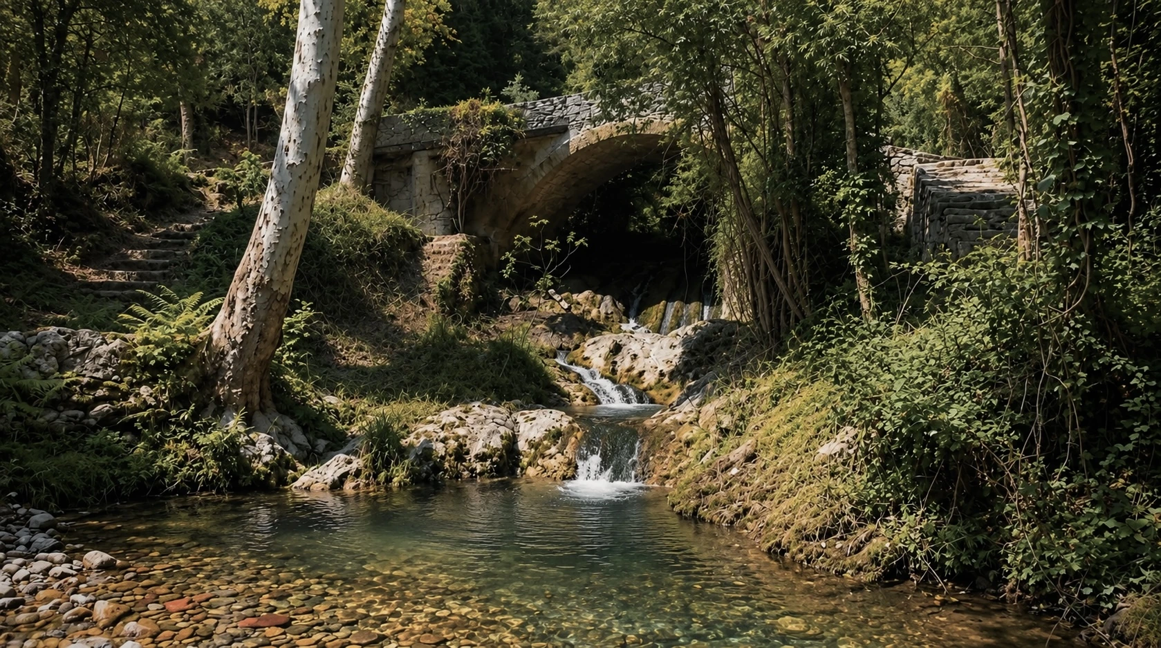 La cascade et le bassin naturel de l'Aigues Brun sous les arbres du parc, hôtel O Mamma Mia à Lourmarin