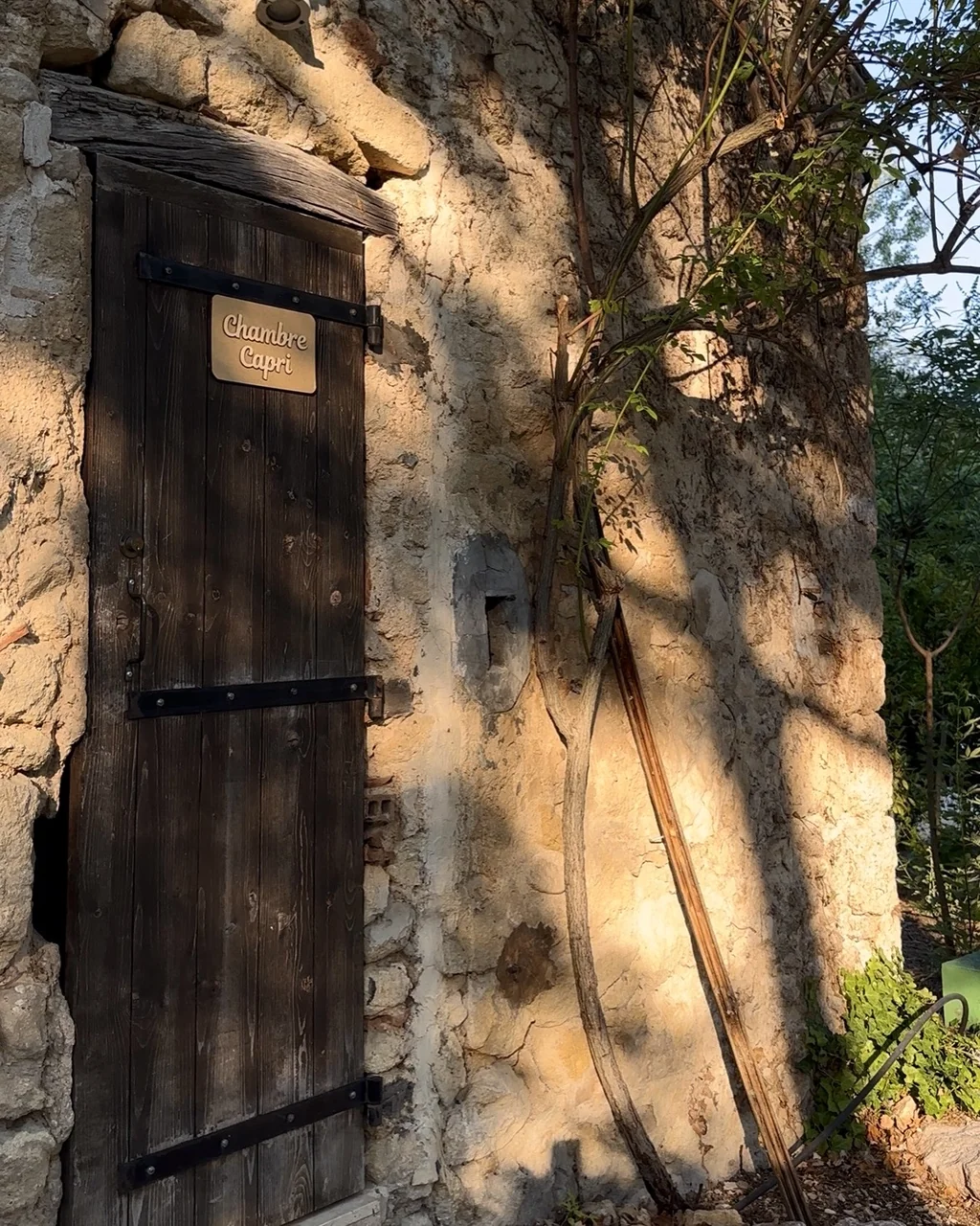 Porte en bois de la chambre Capri dans un mur de pierre ensoleillé, hôtel O Mamma Mia à Lourmarin