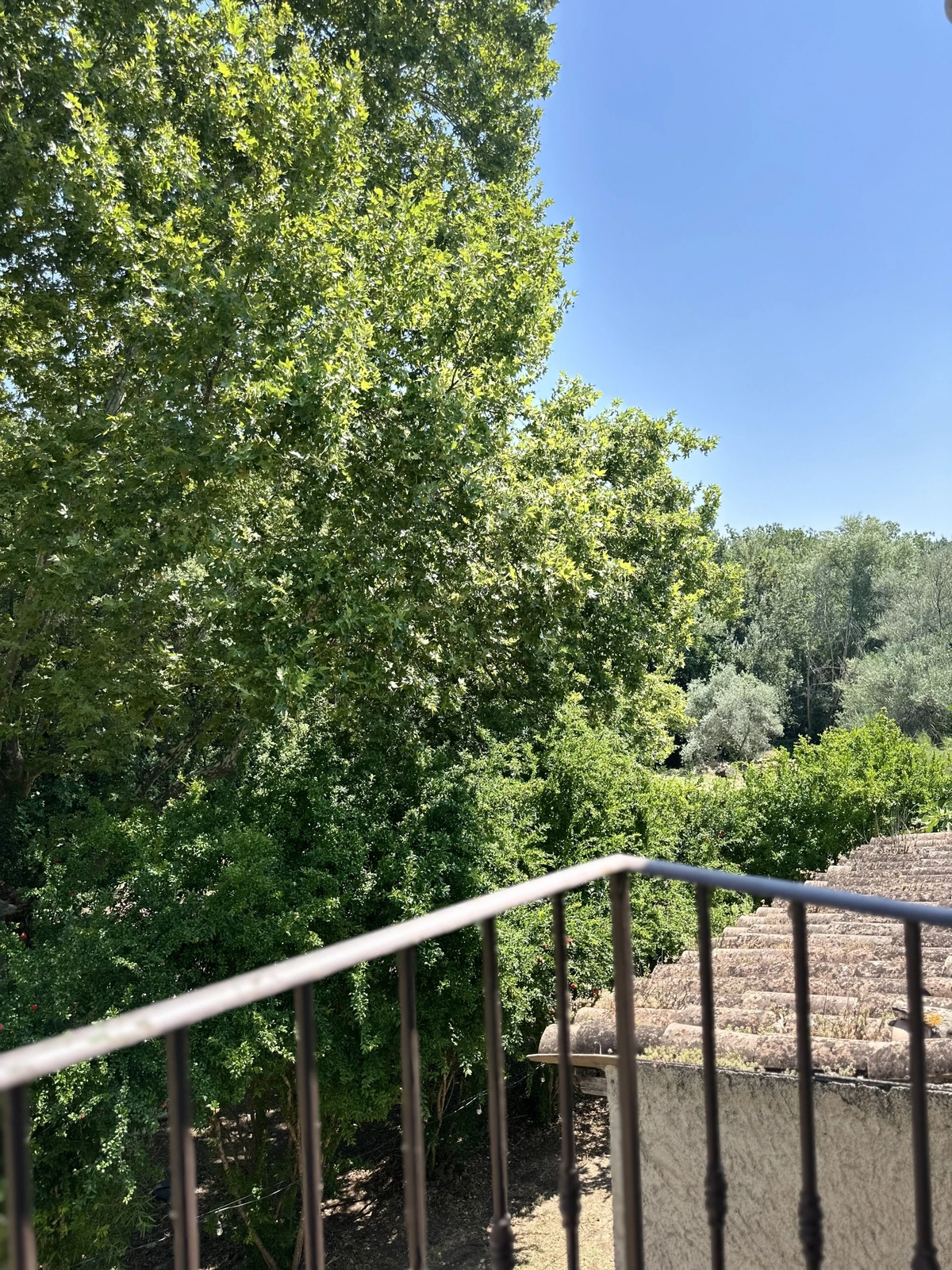 Vue depuis un balcon en fer forgé sur les arbres du parc et les toits de tuiles, hôtel O Mamma Mia à Lourmarin