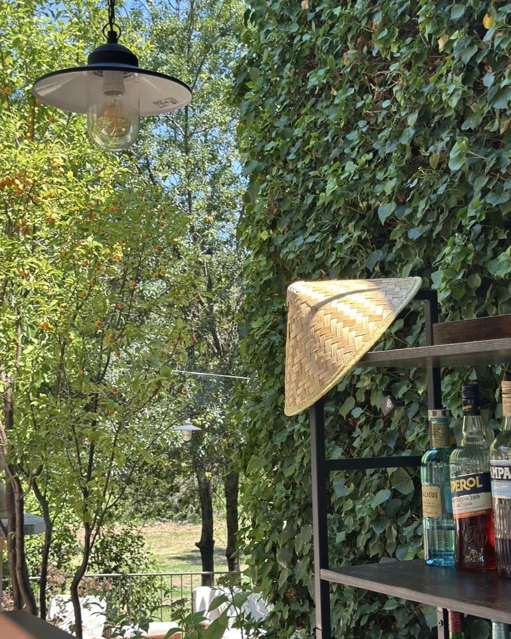 Chapeau conique et bouteilles d'apéritif sur l'étagère du bar, O Mamma Mia à Lourmarin