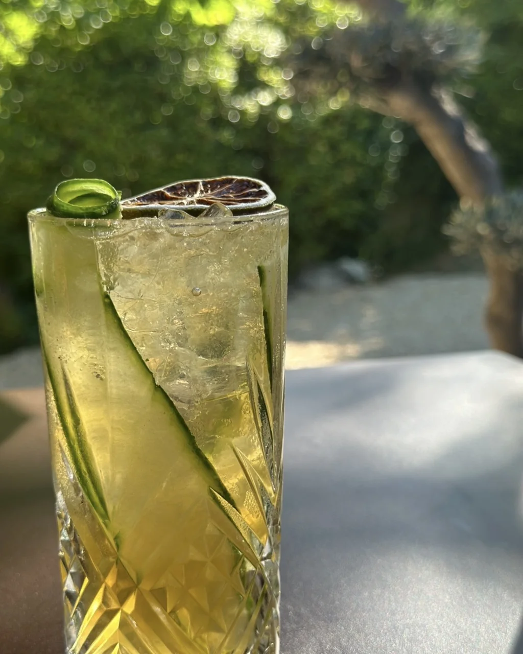 Cocktail au concombre et au citron séché servi dans un verre ciselé, bar O Mamma Mia à Lourmarin