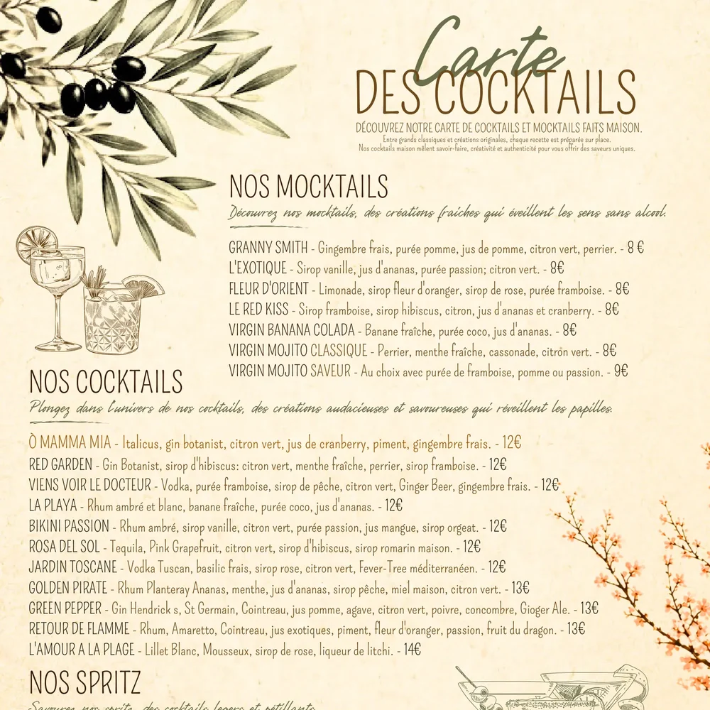 Carte des cocktails du bar, mocktails et créations maison, hôtel O Mamma Mia à Lourmarin